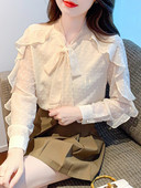 Μακρυμάνικη μπλούζα Γυναικεία βολάν Φιόγκος γιακάς σιφόν μπλούζα γυναικεία μπλούζα Blusas Mujer De Moda 2023 Μπλούζες Πουκάμισα Blusa G81