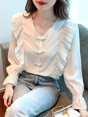 Μακρυμάνικη μπλούζα Γυναικεία βολάν V-λαιμόκοψη Λευκή μπλούζα γυναικεία μπλούζα Blusas Mujer De Moda 2023 Μπλούζες Femme Shirts Blusa G225