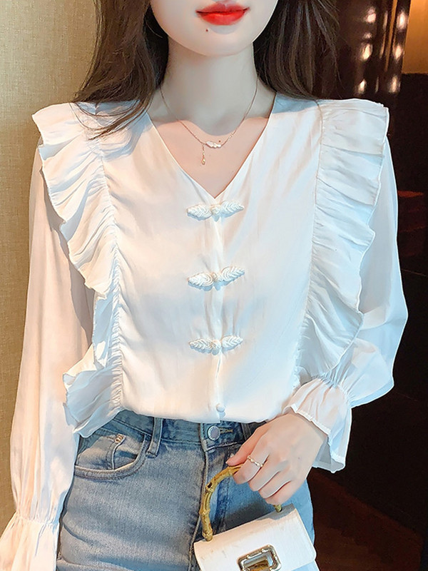 Μακρυμάνικη μπλούζα Γυναικεία βολάν V-λαιμόκοψη Λευκή μπλούζα γυναικεία μπλούζα Blusas Mujer De Moda 2023 Μπλούζες Femme Shirts Blusa G225