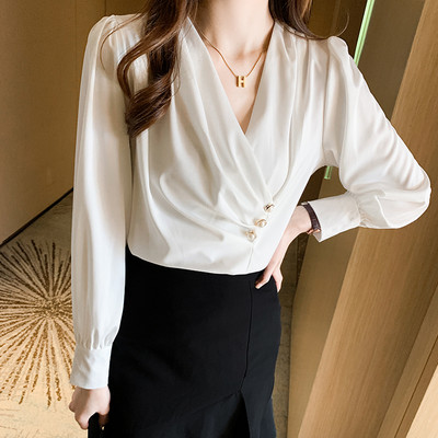 Modna jednobojna uredska ženska šifonska bluza s V-izrezom Ženska majica Blusas Mujer De Moda 2023 Ženska bluza s dugim rukavima Blusa G934