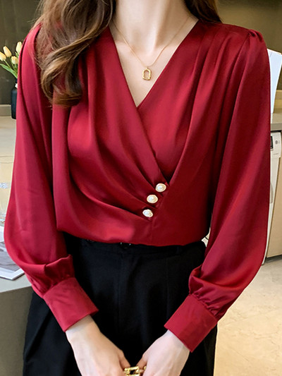 Moodne soliidne kontorinaise V-kaelusega šifoonpluusisärk Naiste topid Blusas Mujer De Moda 2023 pikkade varrukatega pluus Naiste Blusa G934