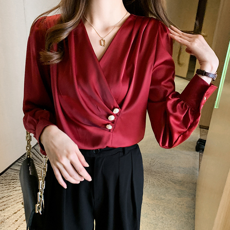 Modna jednobojna uredska ženska šifonska bluza s V-izrezom Ženska majica Blusas Mujer De Moda 2023 Ženska bluza s dugim rukavima Blusa G934