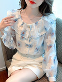 Φθινοπωρινή μακρυμάνικη μπλούζα Γυναικεία βολάν στάμπα σιφόν μπλούζα μπλούζα γυναικεία μπλούζα Blusas Mujer De Moda 2023 Μπλούζες Πουκάμισα G227