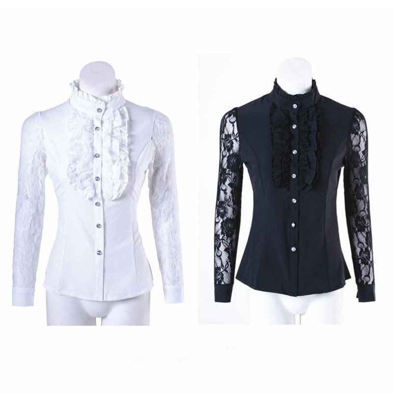 Dantela Maneci Florale Femei Volane Sifon Camasa Guler Stand Office Lady Elegante Bluze Maneca Lunga Negru/Alb