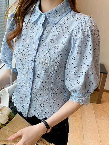 H Han Queen Summer Blusas Basic Office Lady Blusas Vintage μπλούζες με δαντέλα Κομψά σιφόν μπλούζα Γυναικεία χαλαρά πουκάμισα με κούφια έξω