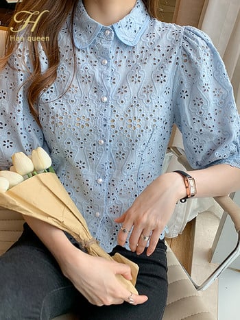 H Han Queen Summer Blusas Basic Office Lady Blusas Vintage μπλούζες με δαντέλα Κομψά σιφόν μπλούζα Γυναικεία χαλαρά πουκάμισα με κούφια έξω