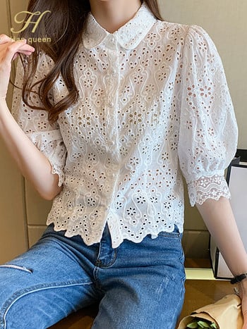 H Han Queen Summer Blusas Basic Office Lady Blusas Vintage μπλούζες με δαντέλα Κομψά σιφόν μπλούζα Γυναικεία χαλαρά πουκάμισα με κούφια έξω