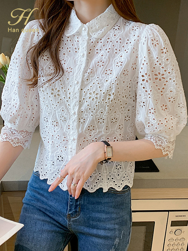 H Han Queen Ljetne bluze Osnovne uredske ženske bluze Vintage čipkaste majice Elegantne šifonske bluze Ženske široke izdubljene ležerne košulje