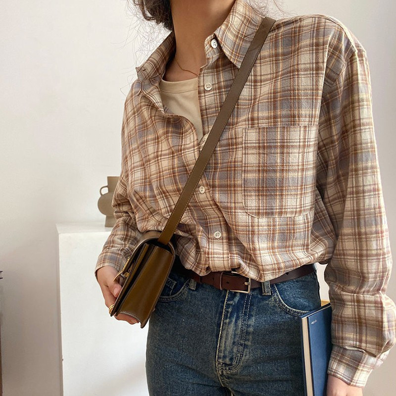 Yedinas Vintage košulja Ženske korejske košulje dugih rukava Elegantne ženske majice Karirana bluza Ženske Harajuku Blusas Ropa De Mujer