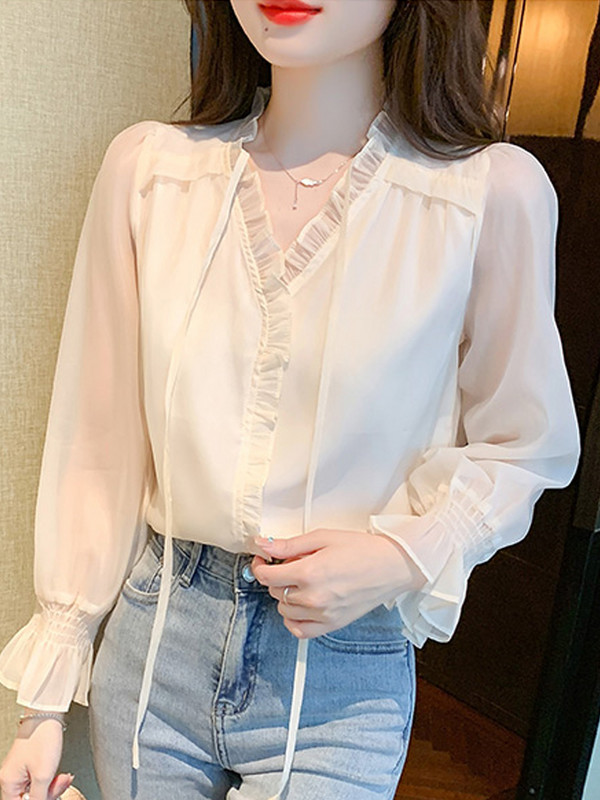 Blusas Mujer De Moda 2023 Bluze Košulje Bluza s V-izrezom dugih rukava Ženska šifonska bluza boje marelice Ženska majica Blusa G352