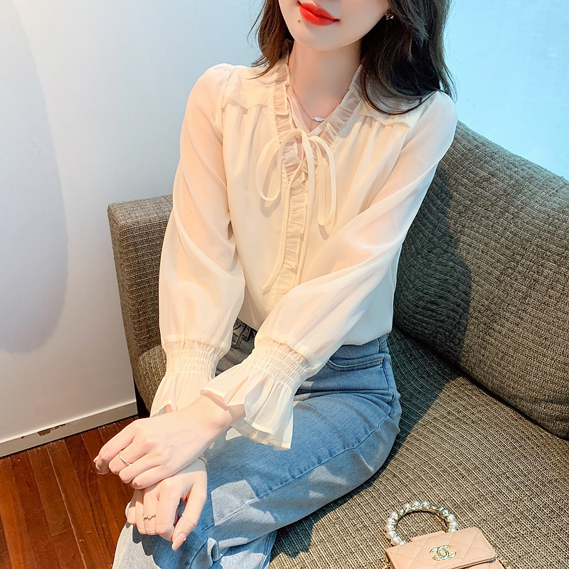 Blusas Mujer De Moda 2023 Bluze Košulje Bluza s V-izrezom dugih rukava Ženska šifonska bluza boje marelice Ženska majica Blusa G352