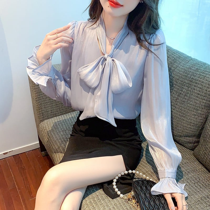 Bluse Mujer De Moda 2023 Bluză casual din șifon cu guler cu fundă Cămașă pentru femei Topuri Bluză cu mânecă lungă Bluze pentru femei Cămăși Blusa G353