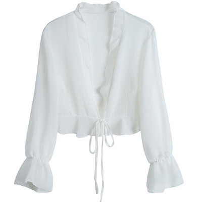 Ženska šifonska majica sa dugim rukavima i šalom, majica na kopču za zabavu Ljetna tanka odjeća za zaštitu od sunca, na vezanje, sleganje ramenima