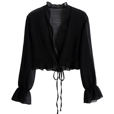 Ženska šifonska majica sa dugim rukavima i šalom, majica na kopču za zabavu Ljetna tanka odjeća za zaštitu od sunca, na vezanje, sleganje ramenima