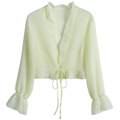 Ženska šifonska majica sa dugim rukavima i šalom, majica na kopču za zabavu Ljetna tanka odjeća za zaštitu od sunca, na vezanje, sleganje ramenima