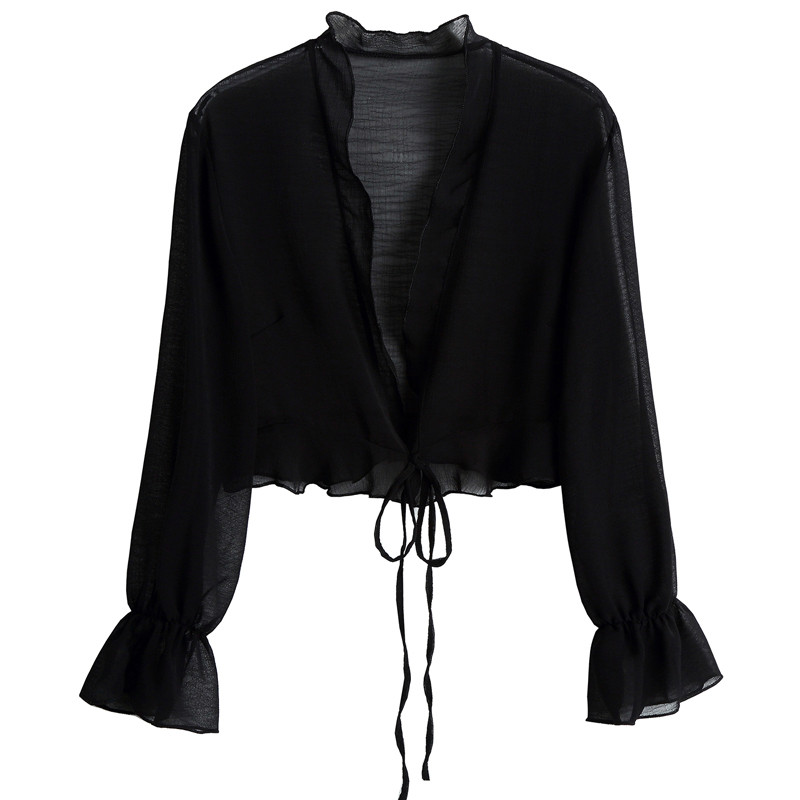 Ženska šifonska majica sa dugim rukavima i šalom, majica na kopču za zabavu Ljetna tanka odjeća za zaštitu od sunca, na vezanje, sleganje ramenima