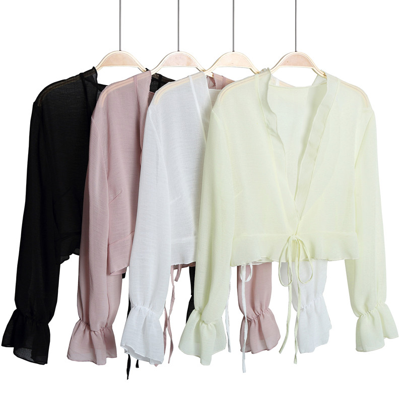 Ženska šifonska majica sa dugim rukavima i šalom, majica na kopču za zabavu Ljetna tanka odjeća za zaštitu od sunca, na vezanje, sleganje ramenima