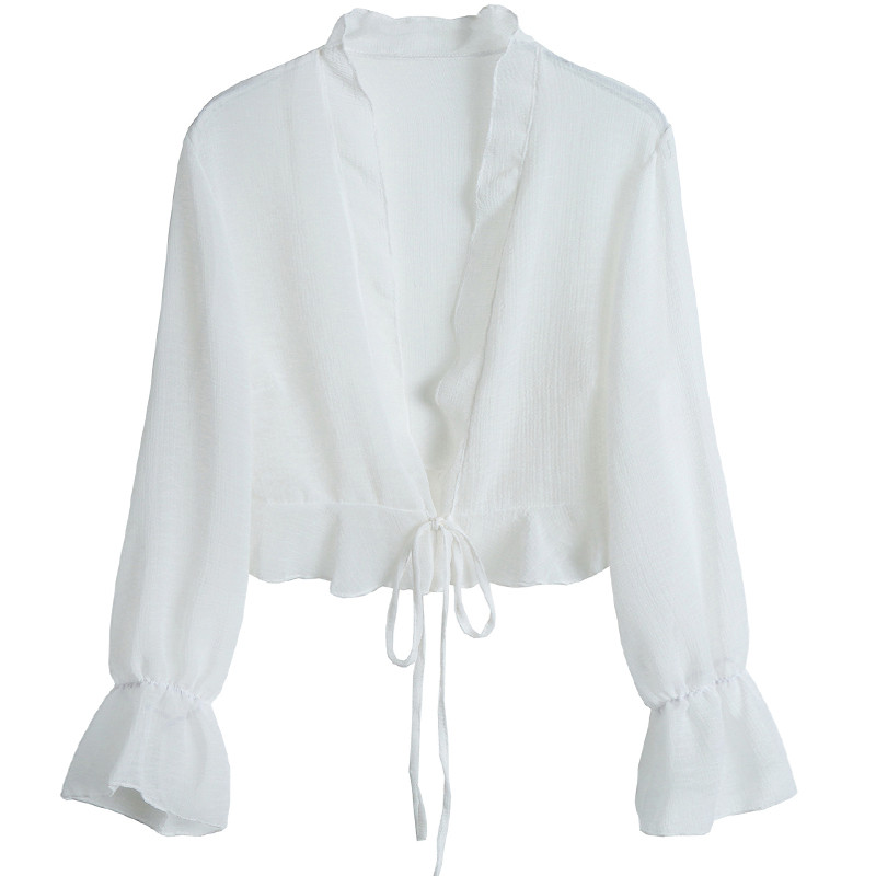 Ženska šifonska majica sa dugim rukavima i šalom, majica na kopču za zabavu Ljetna tanka odjeća za zaštitu od sunca, na vezanje, sleganje ramenima