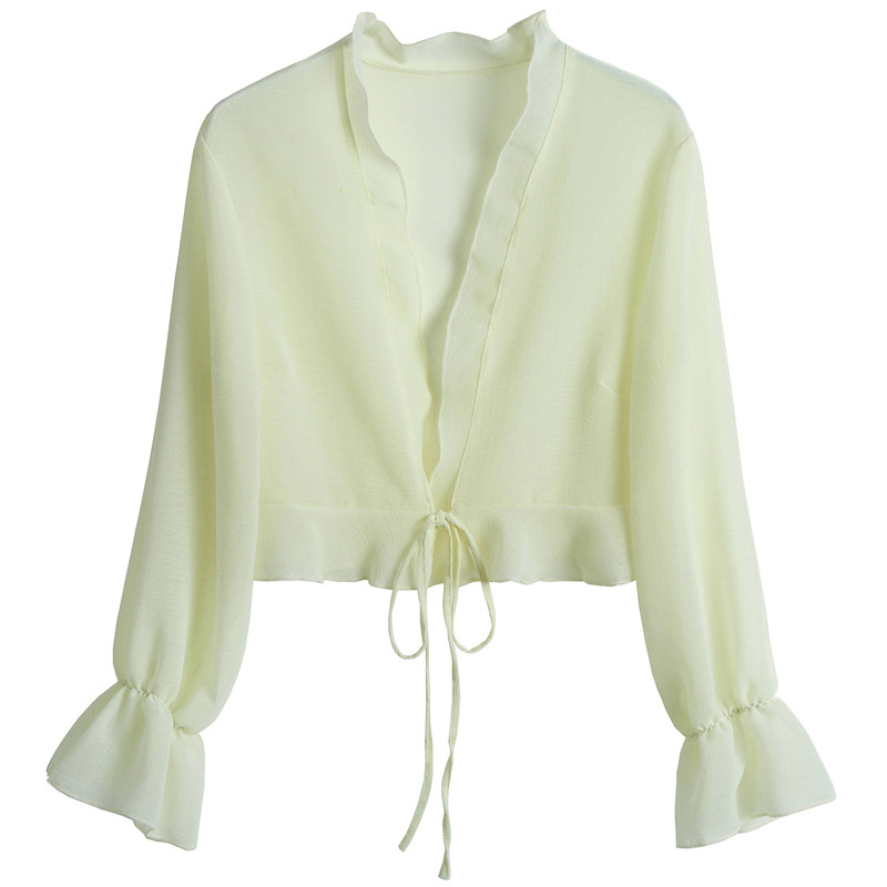 Ženska šifonska majica sa dugim rukavima i šalom, majica na kopču za zabavu Ljetna tanka odjeća za zaštitu od sunca, na vezanje, sleganje ramenima