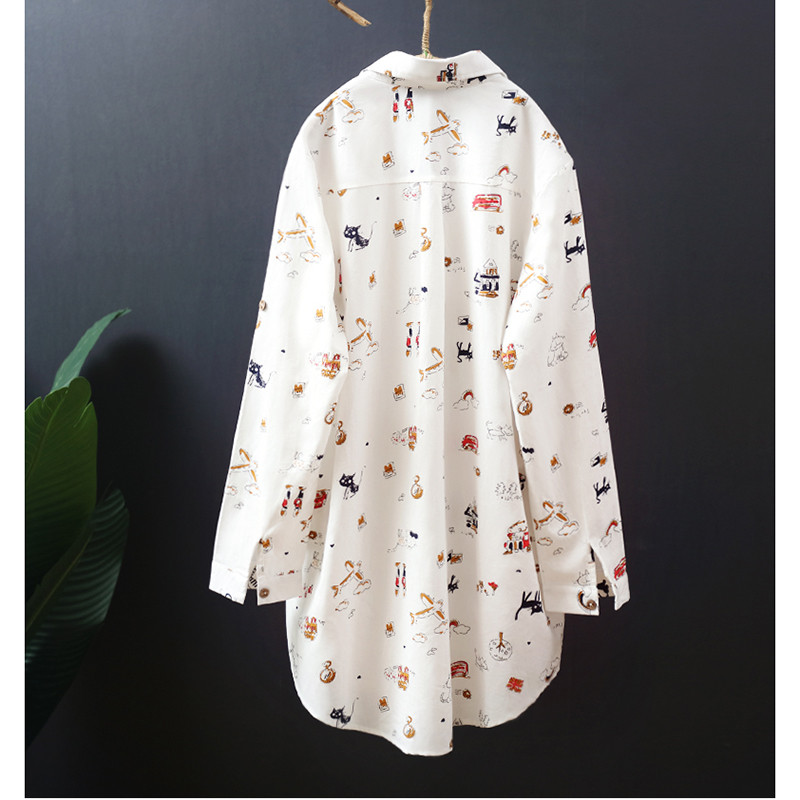 Bluze casual de primăvară cu imprimeu desene animate pentru femei 2020, largi, cu mânecă lungă, cămașă albă din bumbac de marime mare Bluze pentru femei Topuri Feminina Y266