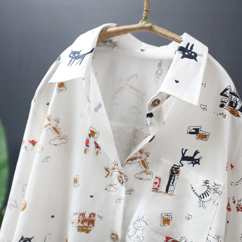 Bluze casual de primăvară cu imprimeu desene animate pentru femei 2020, largi, cu mânecă lungă, cămașă albă din bumbac de marime mare Bluze pentru femei Topuri Feminina Y266