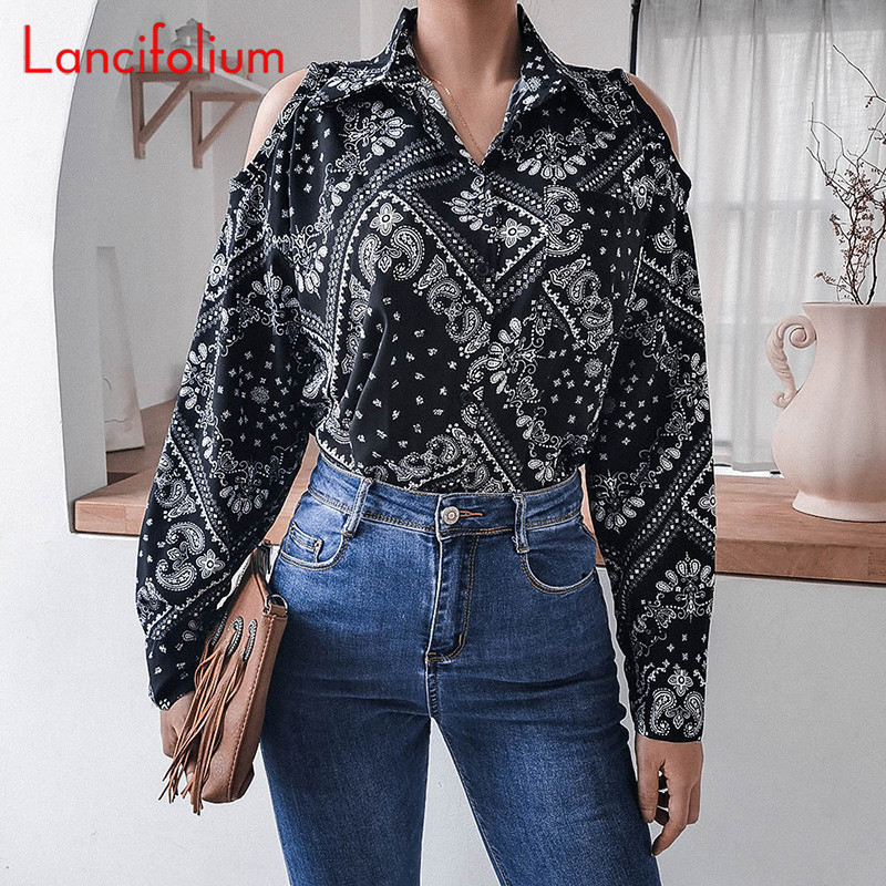 harajuku vintage boho bluză grafică femei coreeană elegantă retro sexy cămașă cu umăr rece bluză cu mânecă lungă florală office