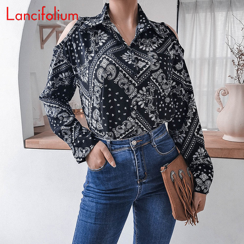 harajuku vintage boho bluză grafică femei coreeană elegantă retro sexy cămașă cu umăr rece bluză cu mânecă lungă florală office