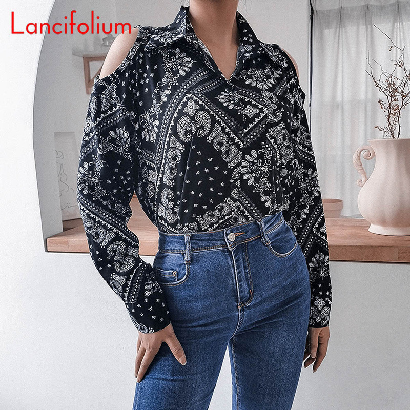 harajuku vintage boho bluză grafică femei coreeană elegantă retro sexy cămașă cu umăr rece bluză cu mânecă lungă florală office