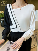 H Han Queen Nova uredska ženska bluza s starinskim printom Ženska košulja s odgovarajućim bojama Majice dugih rukava Ležerne korejske ženske široke bluze