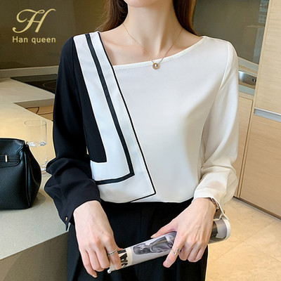 H Han Queen Nova uredska ženska bluza s starinskim printom Ženska košulja s odgovarajućim bojama Majice dugih rukava Ležerne korejske ženske široke bluze