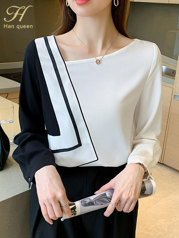 H Han Queen Nova uredska ženska bluza s starinskim printom Ženska košulja s odgovarajućim bojama Majice dugih rukava Ležerne korejske ženske široke bluze