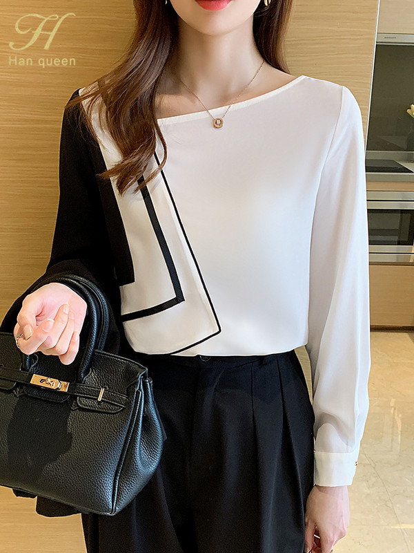 H Han Queen Nova uredska ženska bluza s starinskim printom Ženska košulja s odgovarajućim bojama Majice dugih rukava Ležerne korejske ženske široke bluze