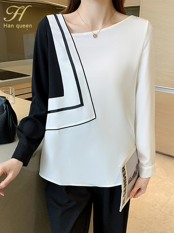 H Han Queen Nova uredska ženska bluza s starinskim printom Ženska košulja s odgovarajućim bojama Majice dugih rukava Ležerne korejske ženske široke bluze