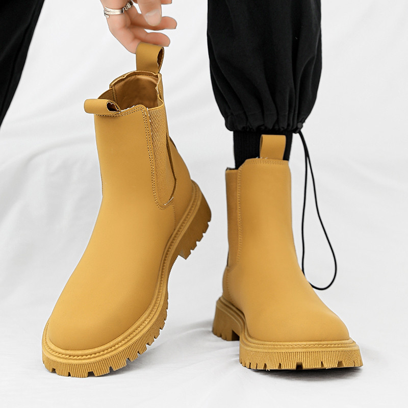 Σχεδιαστής πλατφόρμας μπότες ανδρικές μόδας κίτρινες ανδρικές μπότες Chelsea slip on δερμάτινες μπότες αστραγάλου ανδρικά casual χοντροκομμένα παπούτσια Botines Mujer