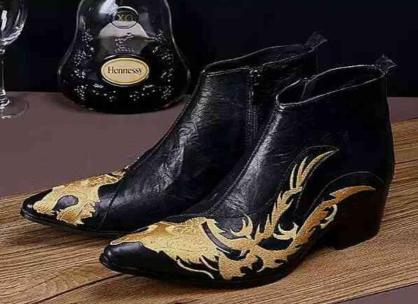 Juoda odos siuvinėjimas smailaus piršto aukštis Didėjantis Viduriniai kulniukai Kulkšnies batai Vyriški užtrauktuku šone Naktinio klubo trumpi bateliai