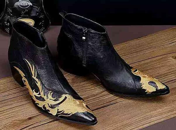 Juoda odos siuvinėjimas smailaus piršto aukštis Didėjantis Viduriniai kulniukai Kulkšnies batai Vyriški užtrauktuku šone Naktinio klubo trumpi bateliai