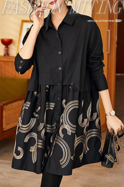 Cămașă coreeană cu îmbrăcăminte cu nasturi cu rever cu imprimeu vintage, îmbrăcăminte pentru femei, toamna 2022, topuri casual supradimensionate, bluză elegantă pentru navetă