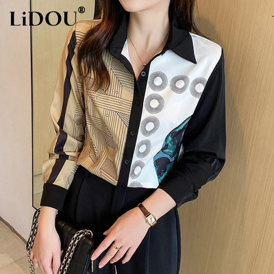 Cămașă din șifon de primăvară, toamnă, epocă, modă elegantă, cu temperament, cu nasturi, top femei, bluză mozaică