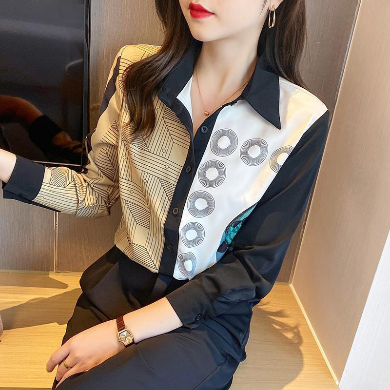 Proljeće jesen Vintage ispis Elegantna modna košulja od šifona Uredska dama temperamenta Raznolika dugmad Top Ženska patchwork bluza