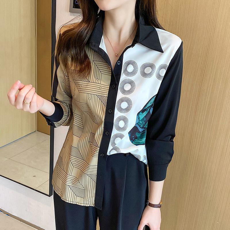 Proljeće jesen Vintage ispis Elegantna modna košulja od šifona Uredska dama temperamenta Raznolika dugmad Top Ženska patchwork bluza