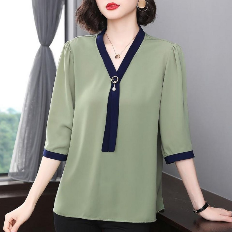 Moteriški drabužiai plius Madingi V formos iškirptė palaidinė su puse rankovių vasarinė palaidinė marškinėlis Moteriški biuro moteriški marškinėliai