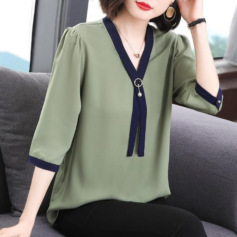 Moteriški drabužiai plius Madingi V formos iškirptė palaidinė su puse rankovių vasarinė palaidinė marškinėlis Moteriški biuro moteriški marškinėliai