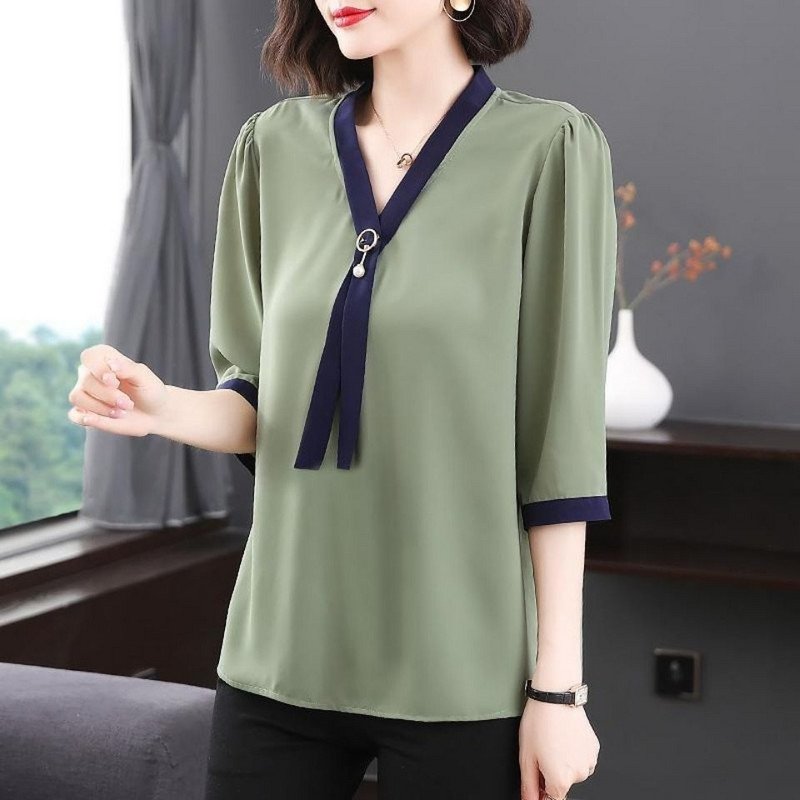 Moteriški drabužiai plius Madingi V formos iškirptė palaidinė su puse rankovių vasarinė palaidinė marškinėlis Moteriški biuro moteriški marškinėliai