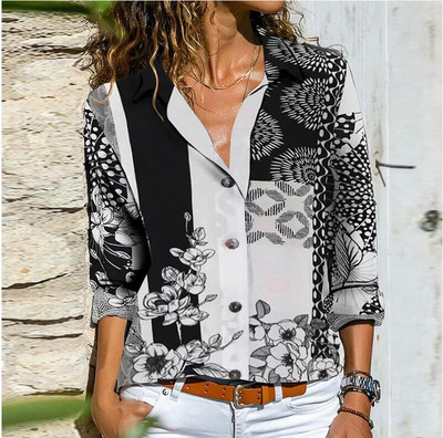 Női Retro Színes Nyomtatott Gombok Blúz ing Őszi hosszú ujjú Lehajtható gallérral Női felső Utcai ruházat Alkalmi nagy méretű Blusa