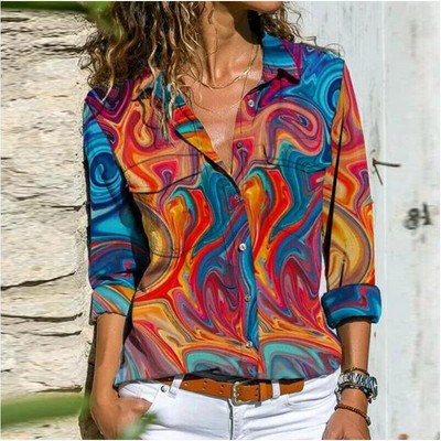 Női Retro Színes Nyomtatott Gombok Blúz ing Őszi hosszú ujjú Lehajtható gallérral Női felső Utcai ruházat Alkalmi nagy méretű Blusa