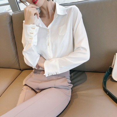 Office Lady Femei Bluză cu buzunar cu guler răsturnat Cămașă cu mânecă lungă de modă Cămașă cu nasturi de toamnă Feminina Topuri albe Blusa 11360