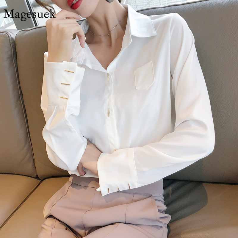 Office Lady Femei Bluză cu buzunar cu guler răsturnat Cămașă cu mânecă lungă de modă Cămașă cu nasturi de toamnă Feminina Topuri albe Blusa 11360