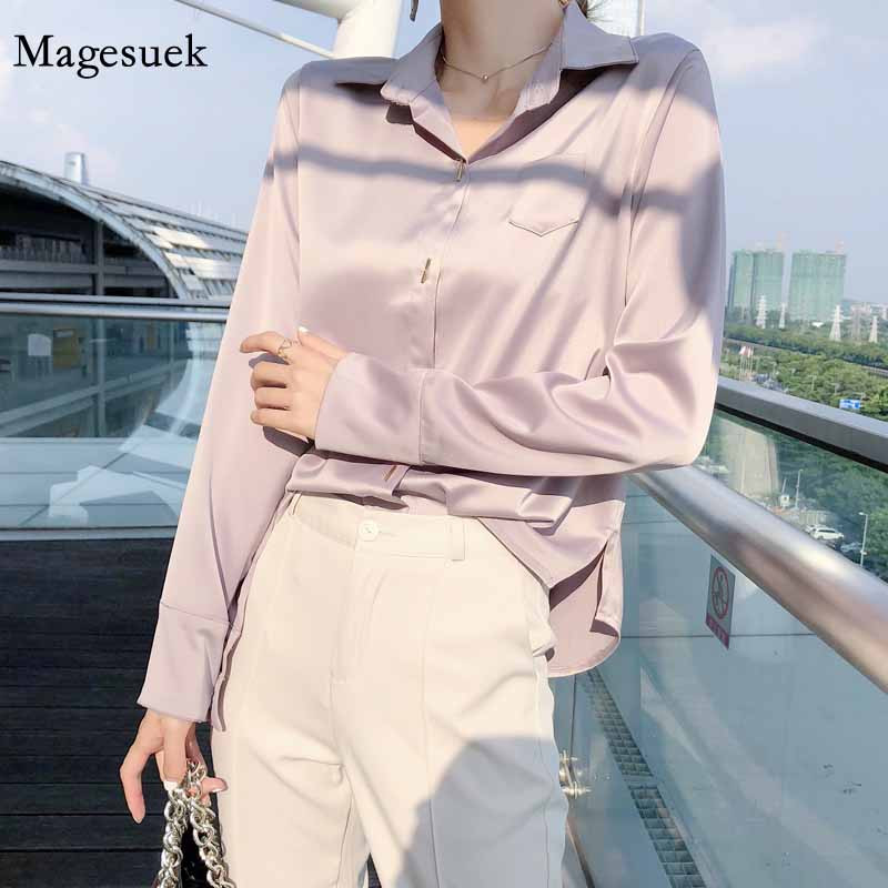 Office Lady Femei Bluză cu buzunar cu guler răsturnat Cămașă cu mânecă lungă de modă Cămașă cu nasturi de toamnă Feminina Topuri albe Blusa 11360