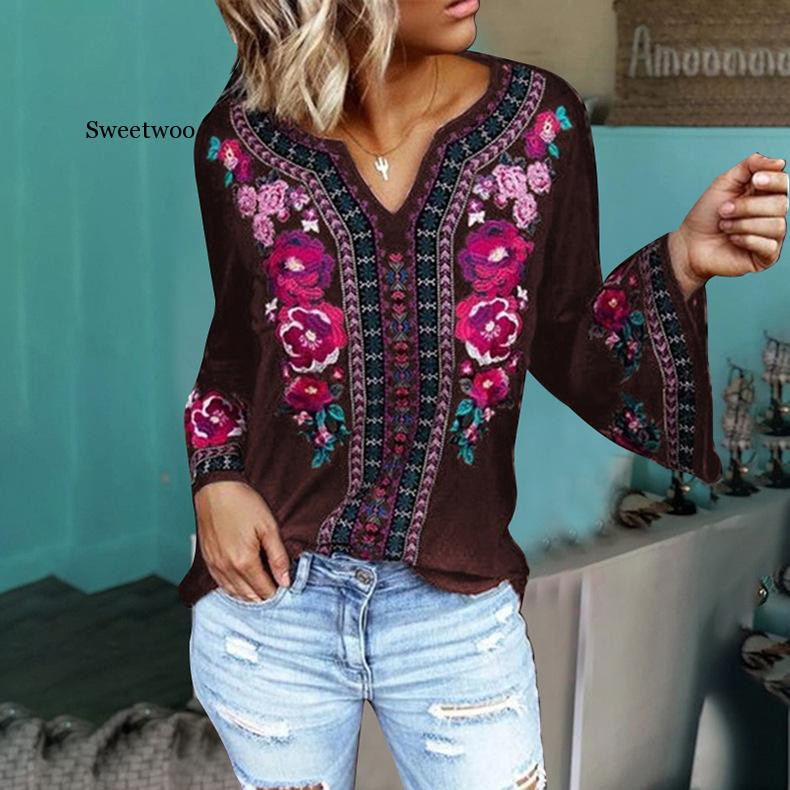 Flori de trandafiri Stil etnic Femei Bluză și topuri cu imprimeu floral Mâneci lungi Decolteu în V Bluse elegante de cămașă