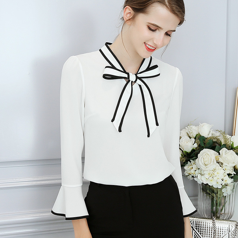 Proljeće Ljeto Košulja od šifona Uredske dame Nove korejske jednobojne bluze Ženska moda s mašnama Ležerna elegantna gornja odjeća H9120